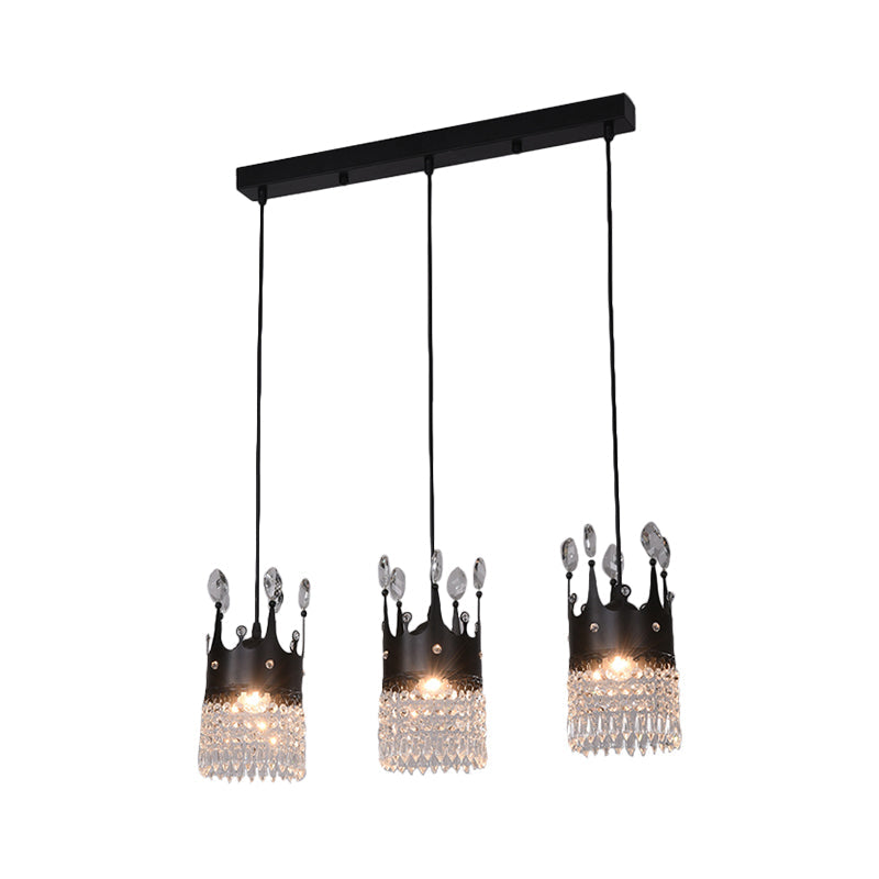Contemporary Black Metal 3-Head Suspension Light with Crystal Draping for Dining Room
