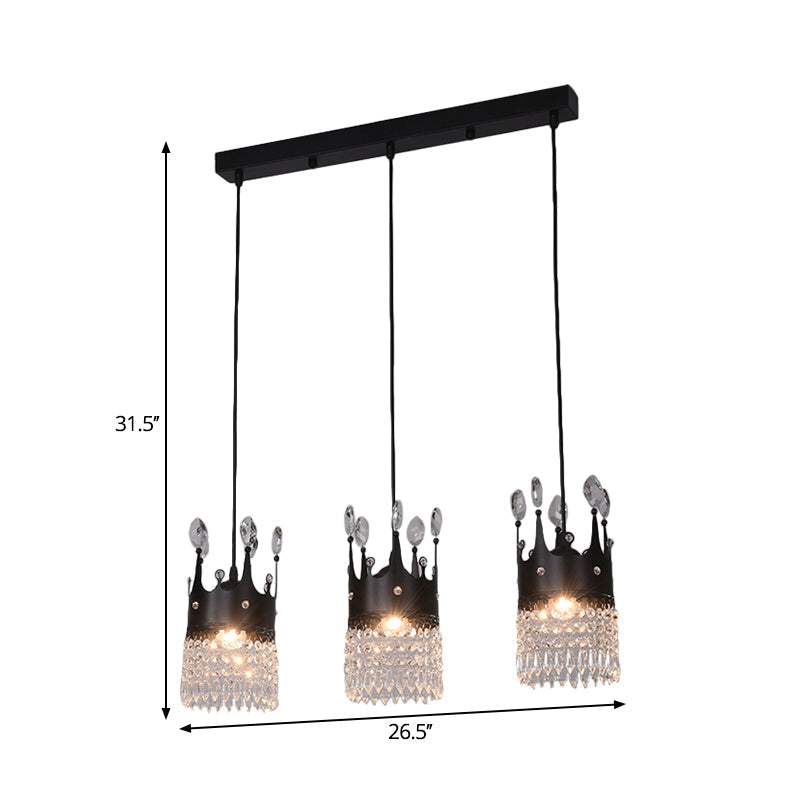 Contemporary Black Metal 3-Head Suspension Light with Crystal Draping for Dining Room