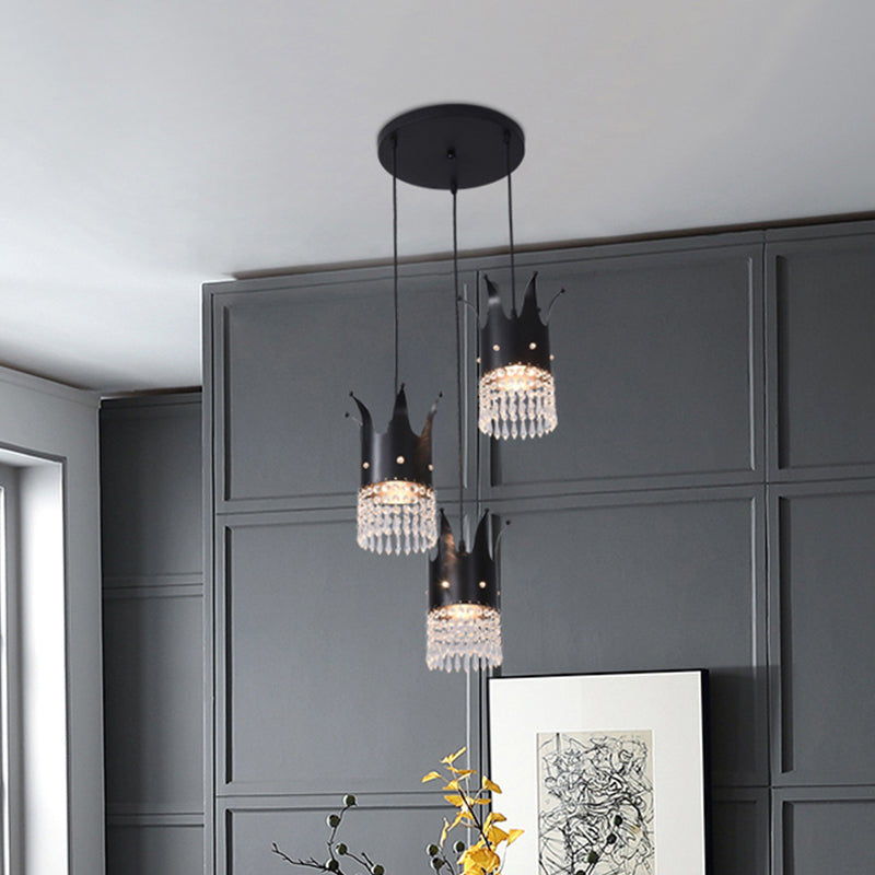 Modern Black Crystal Droplet Crown Island Lighting Kit - 3 Bulbs, Linear/Round Canopy, Multi Hanging Lamp
