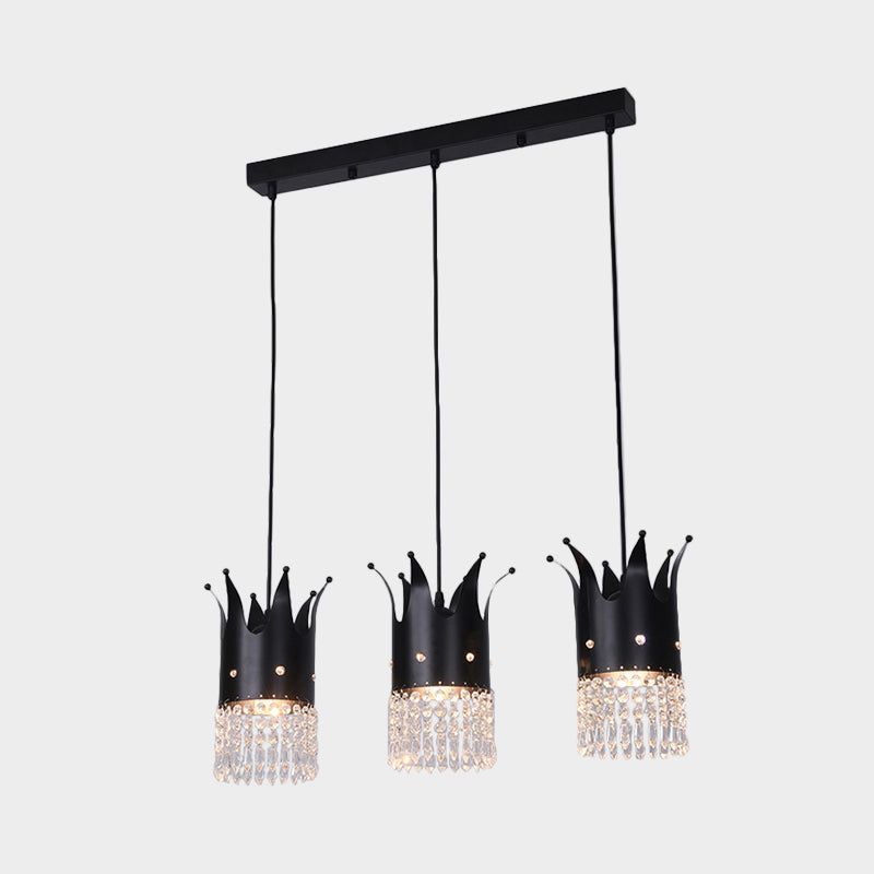 Modern Black Crystal Droplet Crown Island Lighting Kit - 3 Bulbs, Linear/Round Canopy, Multi Hanging Lamp