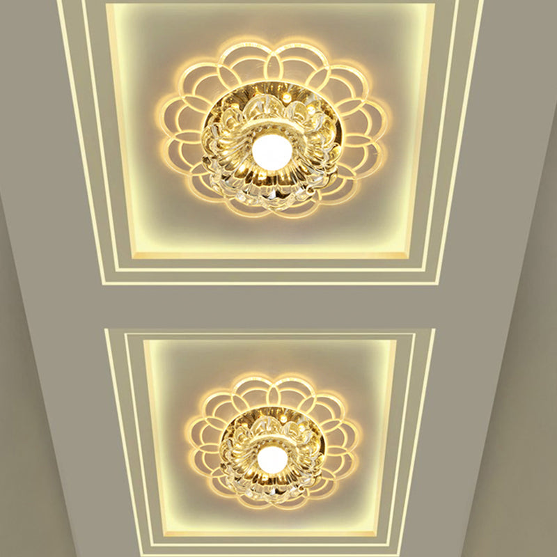 Silver Flush Mount LED Ceiling Light Fixture with Clear Crystal Flower Design - Warm/Multi Color Lighting for Doorways