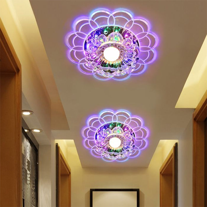Silver Flush Mount LED Ceiling Light Fixture with Clear Crystal Flower Design - Warm/Multi Color Lighting for Doorways