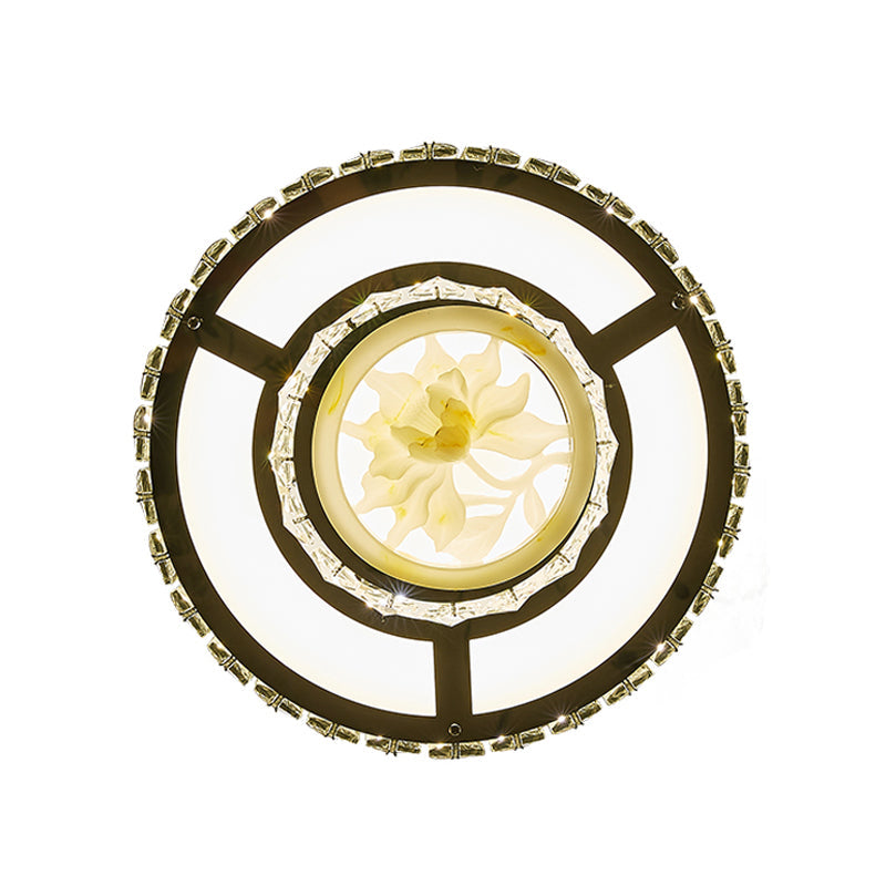Faceted Crystal LED Flush Mount Ceiling Light with Nickel Finish and Floral Design