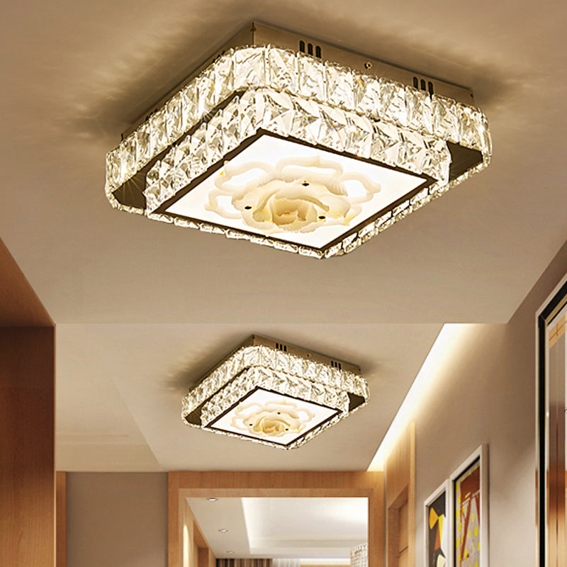 Faceted Crystal LED Flush Mount Ceiling Light with Nickel Finish and Floral Design