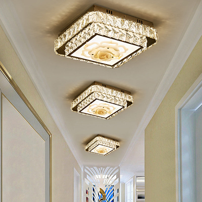 Faceted Crystal LED Flush Mount Ceiling Light with Nickel Finish and Floral Design