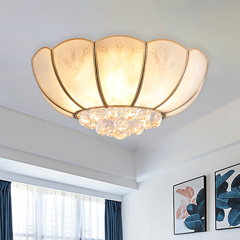 Ivory Glass Scallop Ceiling Fixture with Crystal Ball - Colonial 4/6 Bulbs - Bedroom Flush Mount Lighting in Gold