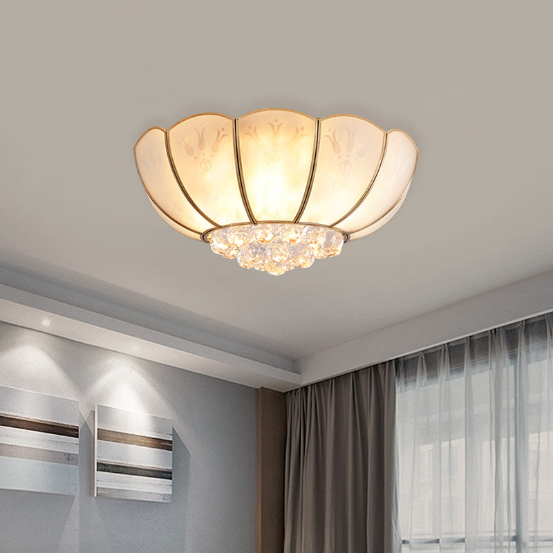 Ivory Glass Scallop Ceiling Fixture with Crystal Ball - Colonial 4/6 Bulbs - Bedroom Flush Mount Lighting in Gold