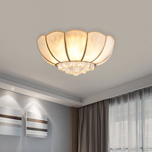 Ivory Glass Scallop Ceiling Fixture with Crystal Ball - Colonial 4/6 Bulbs - Bedroom Flush Mount Lighting in Gold