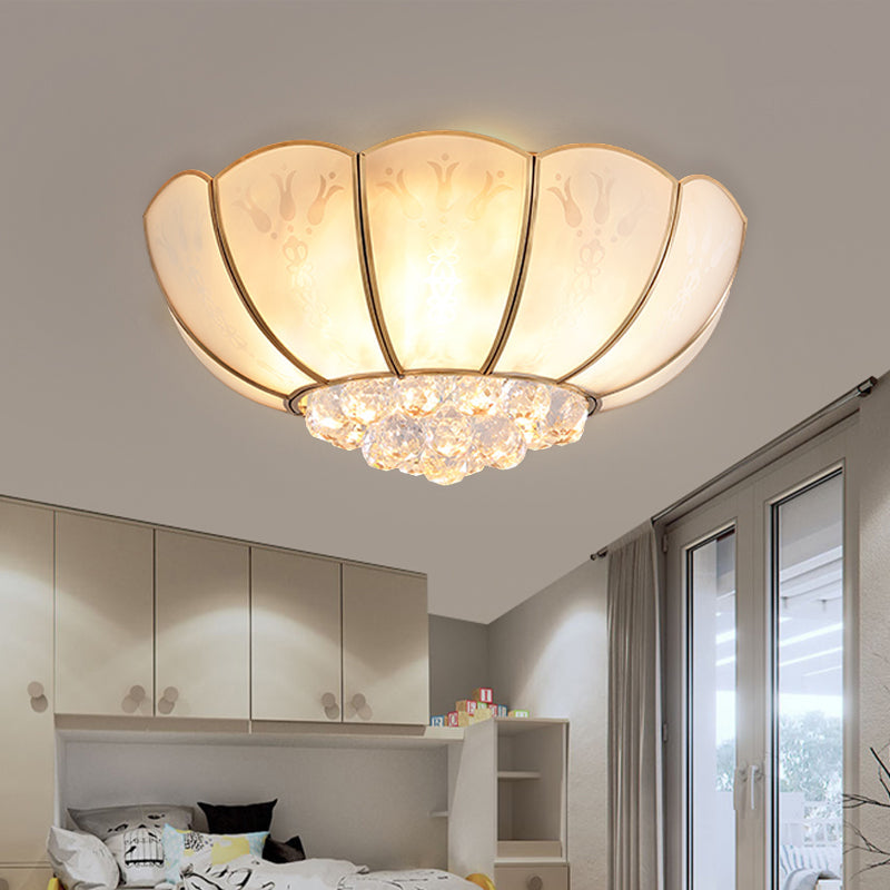 Ivory Glass Scallop Ceiling Fixture with Crystal Ball - Colonial 4/6 Bulbs - Bedroom Flush Mount Lighting in Gold