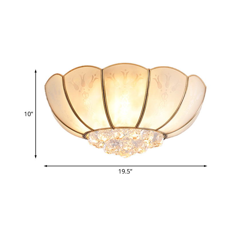 Ivory Glass Scallop Ceiling Fixture with Crystal Ball - Colonial 4/6 Bulbs - Bedroom Flush Mount Lighting in Gold