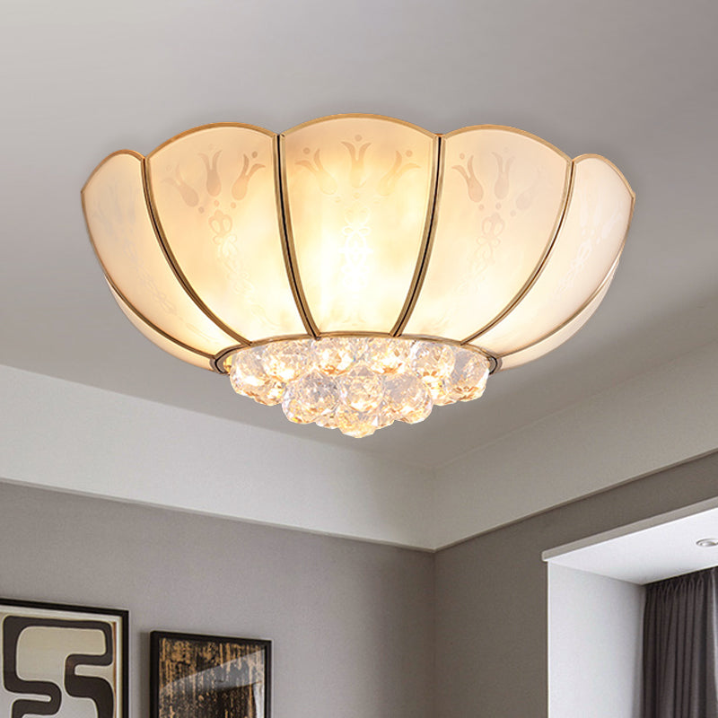 Ivory Glass Scallop Ceiling Fixture with Crystal Ball - Colonial 4/6 Bulbs - Bedroom Flush Mount Lighting in Gold