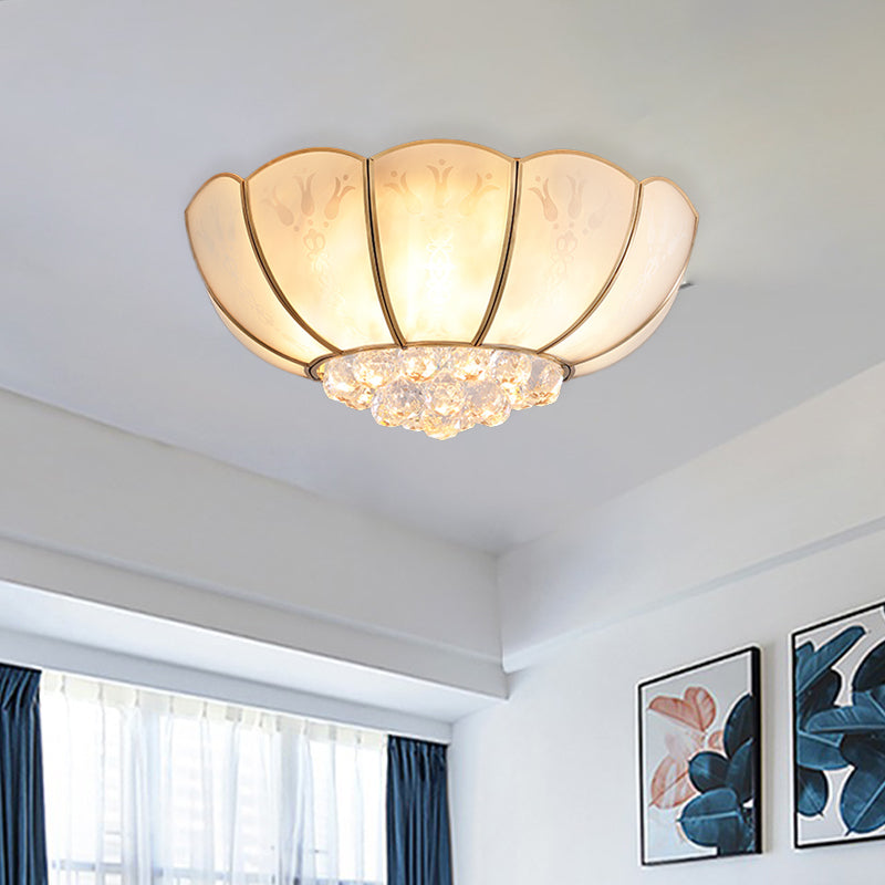 Ivory Glass Scallop Ceiling Fixture with Crystal Ball - Colonial 4/6 Bulbs - Bedroom Flush Mount Lighting in Gold