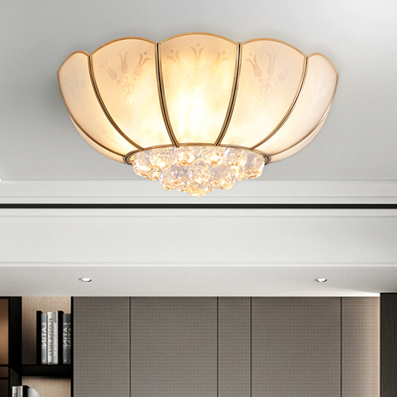Ivory Glass Scallop Ceiling Fixture with Crystal Ball - Colonial 4/6 Bulbs - Bedroom Flush Mount Lighting in Gold