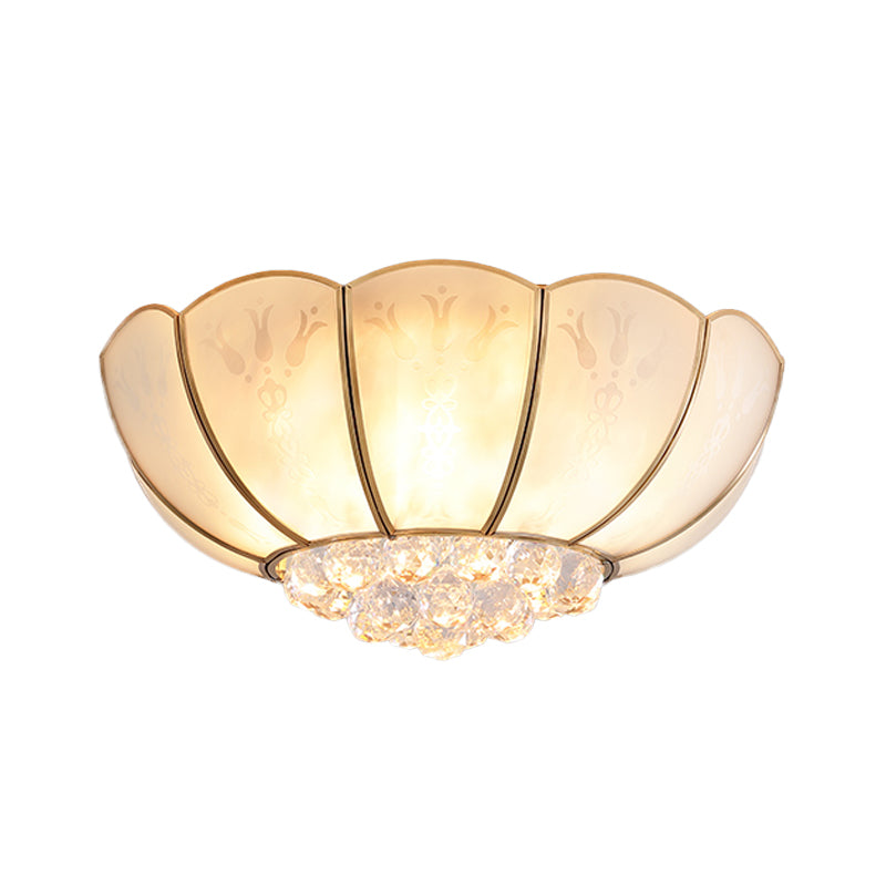 Ivory Glass Scallop Ceiling Fixture with Crystal Ball - Colonial 4/6 Bulbs - Bedroom Flush Mount Lighting in Gold