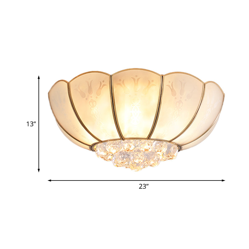 Ivory Glass Scallop Ceiling Fixture with Crystal Ball - Colonial 4/6 Bulbs - Bedroom Flush Mount Lighting in Gold