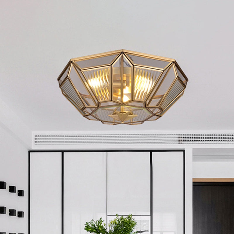 Colonial Gold Geometric Glass Flush Light - 3-Light Ceiling Flush Mount for Bedroom