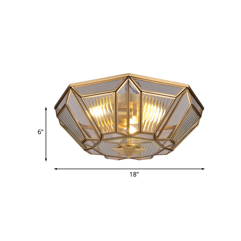 Colonial Gold Geometric Glass Flush Light - 3-Light Ceiling Flush Mount for Bedroom