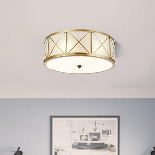 Colonial Gold Glass Ceiling Lamp with Trellis Cage - Bedroom Flush Light