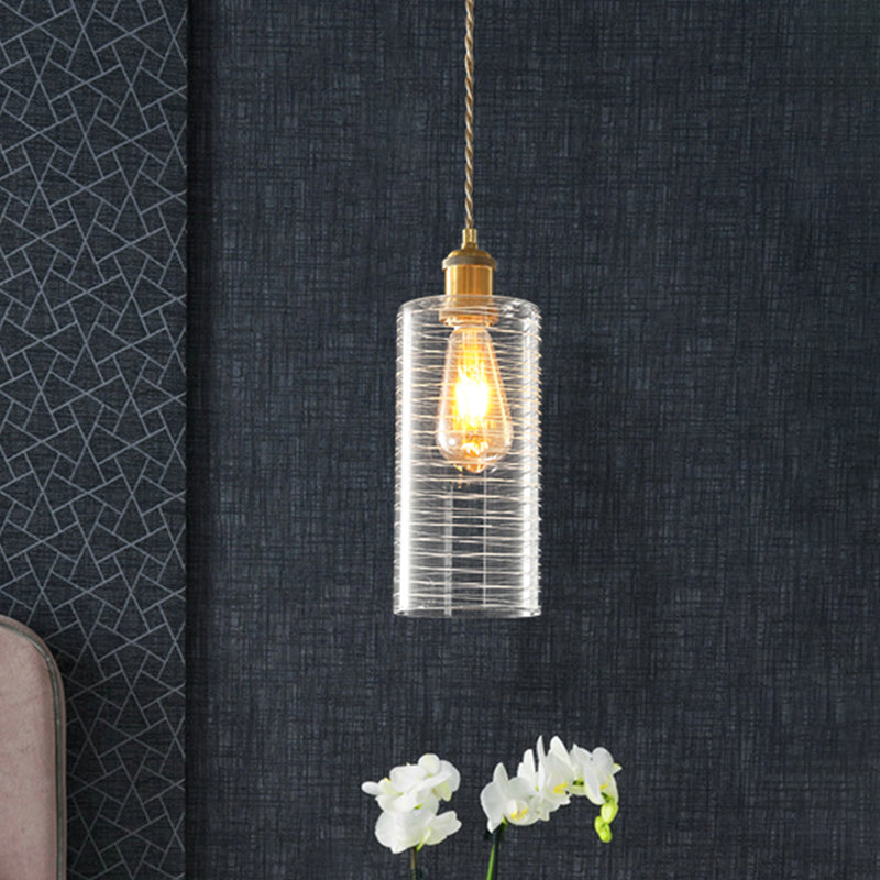 Gold Colonial Column Pendant - Clear Glass Hanging Ceiling Light