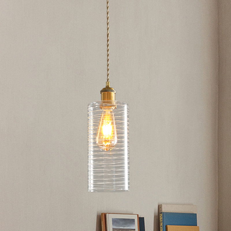Gold Colonial Column Pendant - Clear Glass Hanging Ceiling Light