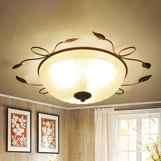 Vintage Bowl-Shaped White Glass Flush Light with Leaf Decoration - 3-Light Flush Mount Spotlight