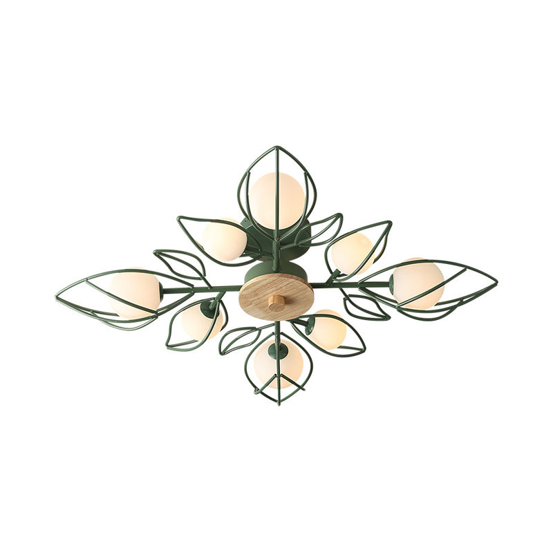 Nordic 8-Light Flush Mount Ceiling Light: Green Petal Design with Metallic Finish & Orb Glass Shade