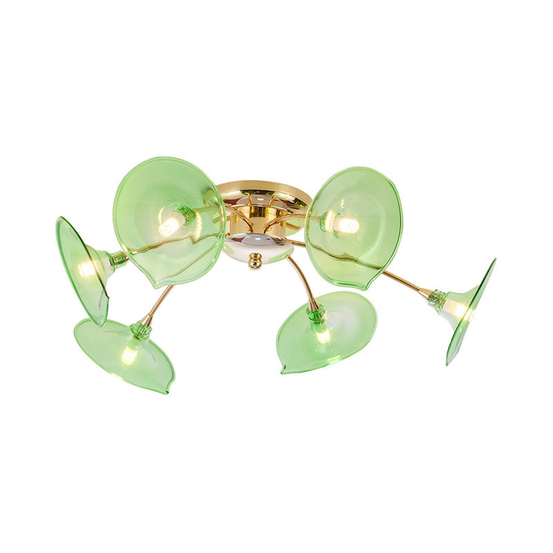 Plafonnier vintage à 6 lampes avec motif de branches en métal et laiton et abat-jour en verre vert/cognac évasé - Luminaire semi-encastré