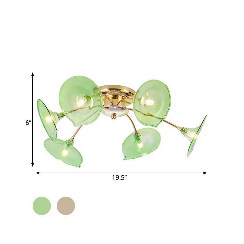 Plafonnier vintage à 6 lampes avec motif de branches en métal et laiton et abat-jour en verre vert/cognac évasé - Luminaire semi-encastré