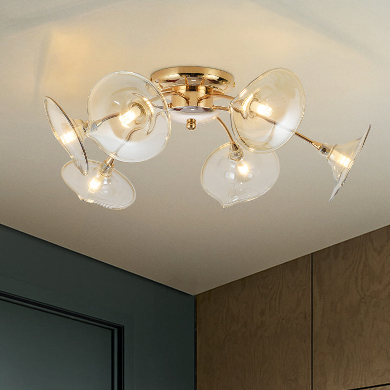 Plafonnier vintage à 6 lampes avec motif de branches en métal et laiton et abat-jour en verre vert/cognac évasé - Luminaire semi-encastré