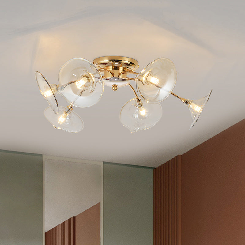 Plafonnier vintage à 6 lampes avec motif de branches en métal et laiton et abat-jour en verre vert/cognac évasé - Luminaire semi-encastré