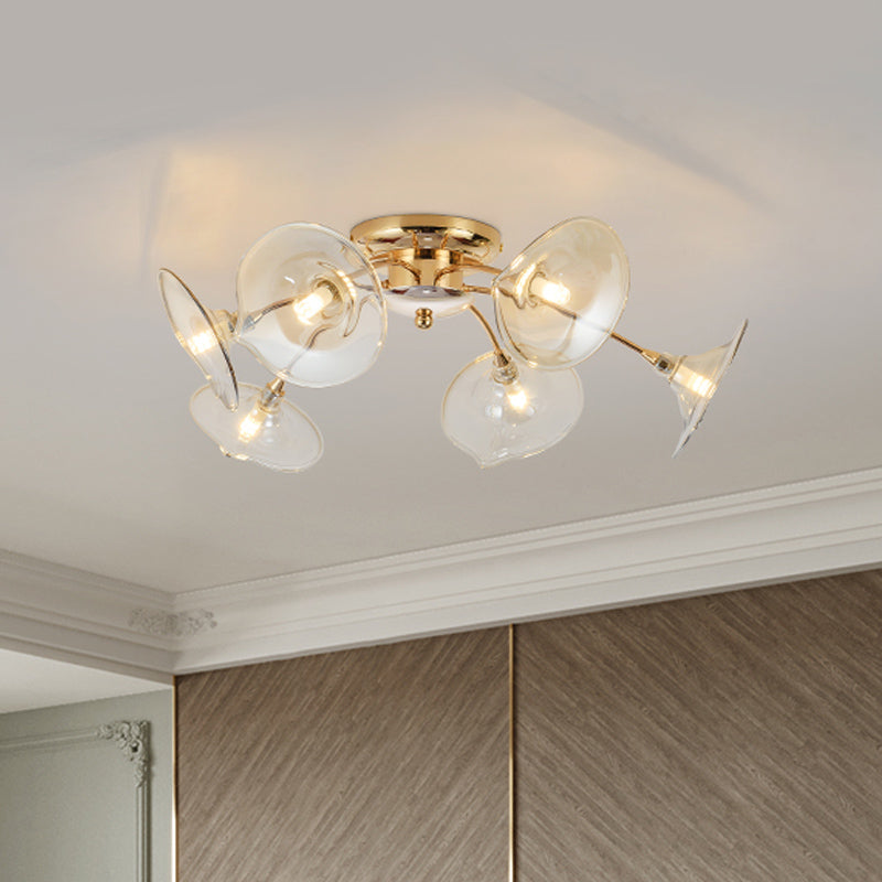 Plafonnier vintage à 6 lampes avec motif de branches en métal et laiton et abat-jour en verre vert/cognac évasé - Luminaire semi-encastré