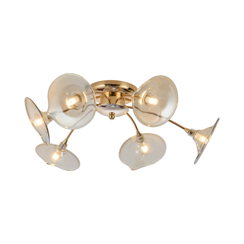 Plafonnier vintage à 6 lampes avec motif de branches en métal et laiton et abat-jour en verre vert/cognac évasé - Luminaire semi-encastré