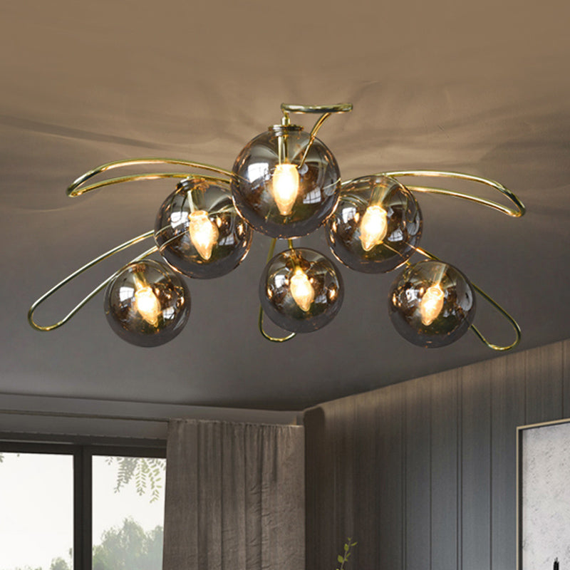 Mid Century Smoke Glass Ball Chandelier With Brass Branch Design And 6 Lights Gray