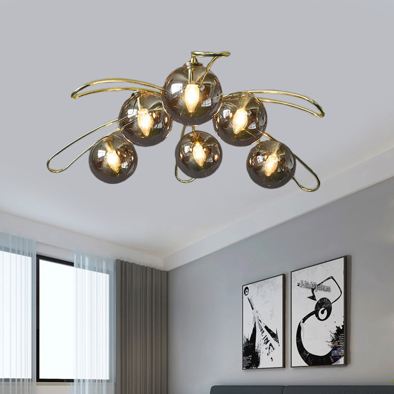 Mid Century Smoke Glass Ball Chandelier With Brass Branch Design And 6 Lights
