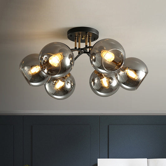 Vintage Black 6-Head Hotel Ceiling Light with Orb Smoke/Clear Glass Shade