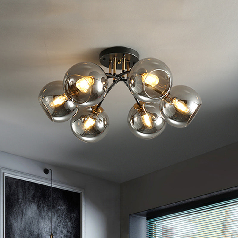 Vintage Black 6-Head Hotel Ceiling Light with Orb Smoke/Clear Glass Shade
