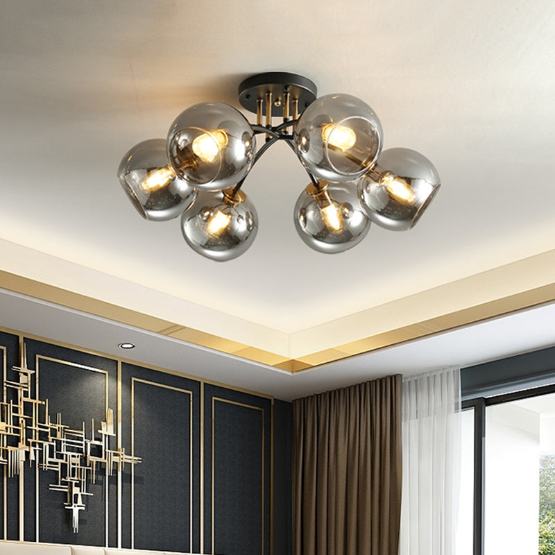 Vintage Black 6-Head Hotel Ceiling Light with Orb Smoke/Clear Glass Shade