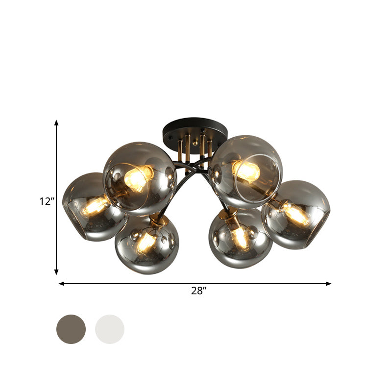 Vintage Black 6-Head Hotel Ceiling Light with Orb Smoke/Clear Glass Shade