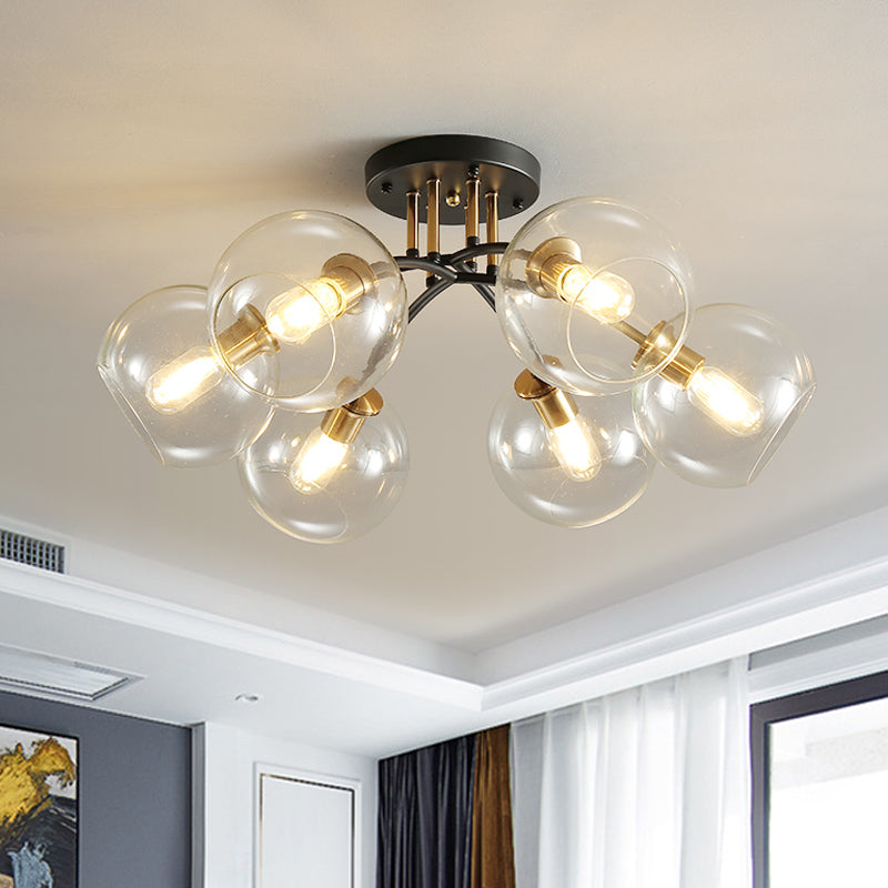 Vintage Black 6-Head Hotel Ceiling Light with Orb Smoke/Clear Glass Shade