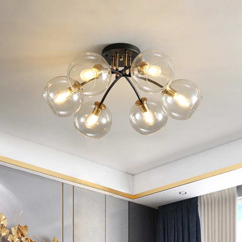 6-Head Vintage Black Semi Flush Mount Ceiling Lighting With Orb Smoke/Clear Glass Shade At 6 Heads