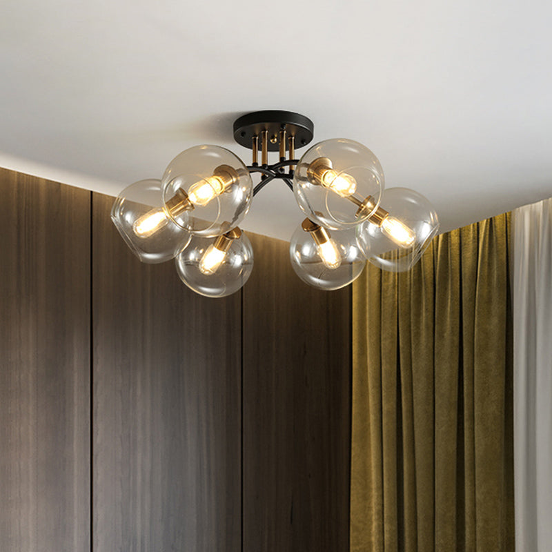 Vintage Black 6-Head Hotel Ceiling Light with Orb Smoke/Clear Glass Shade