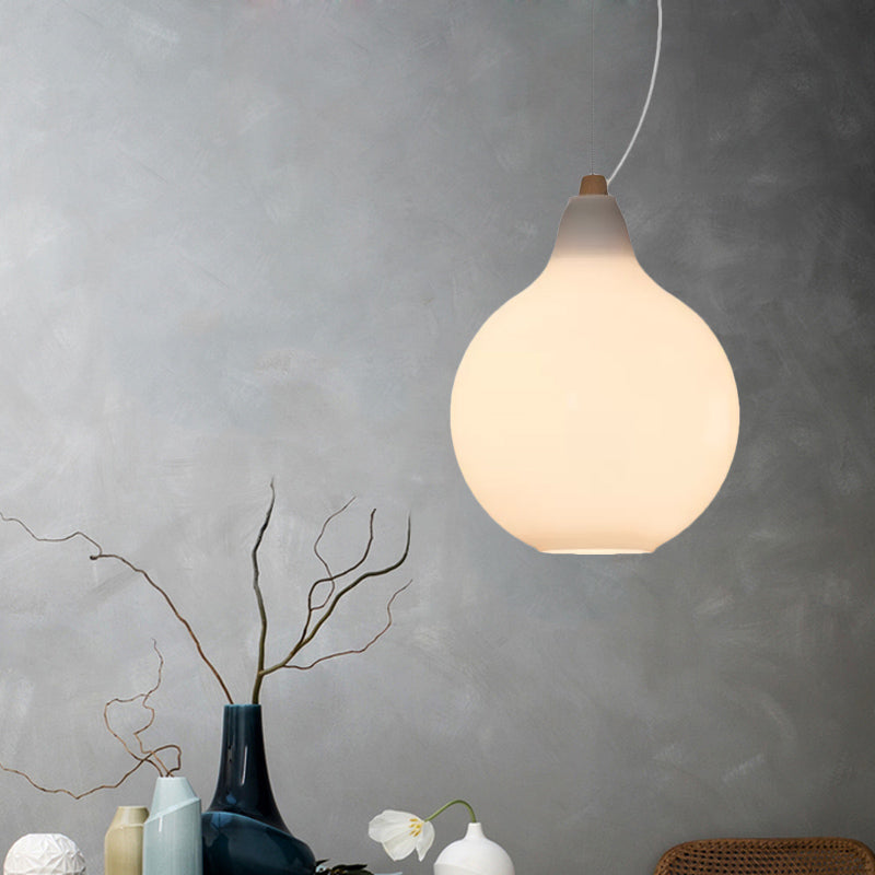 Frosted White Glass Ceiling Pendant with Wood Top - Bellied Dinette Suspension Light, Simplicity Design