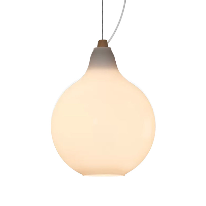 Frosted White Glass Ceiling Pendant with Wood Top - Bellied Dinette Suspension Light, Simplicity Design