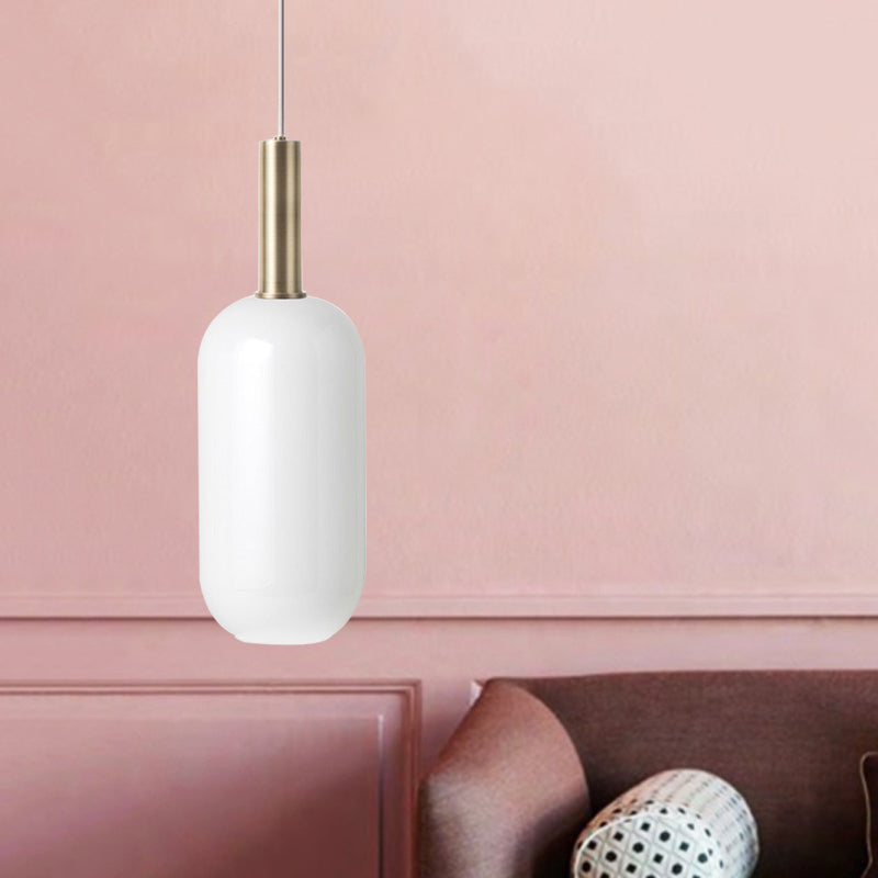 Minimalist Opal Glass Oblong Ceiling Pendant with Brass Frame - 1-Light Hanging Lamp Kit for Tables