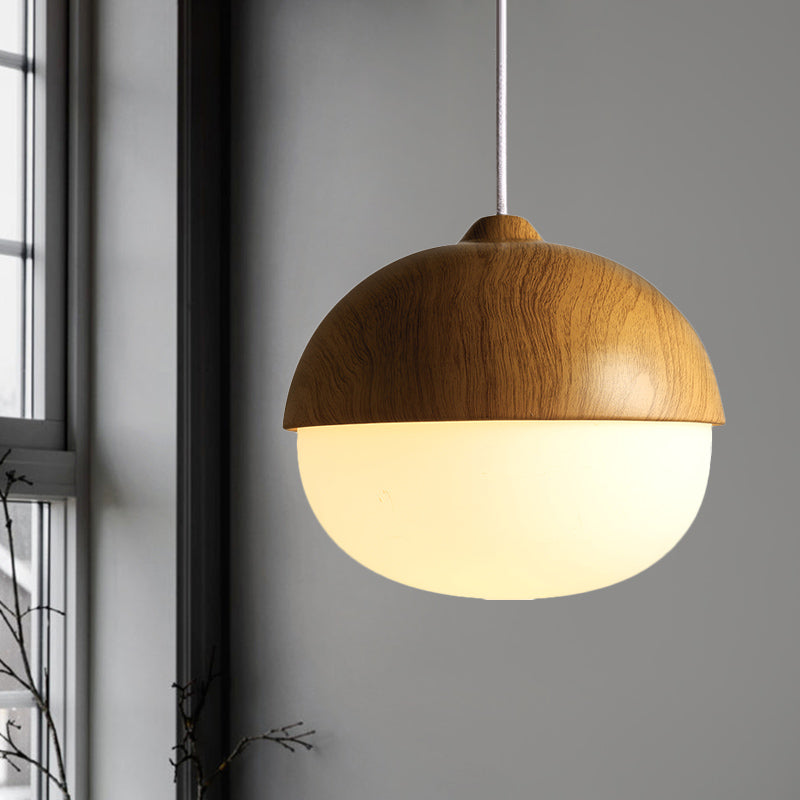 Simple Wooden Pendant Light with Ivory Glass Shade in Brown