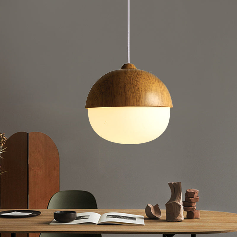 Simple Wooden Pendant Light with Ivory Glass Shade in Brown