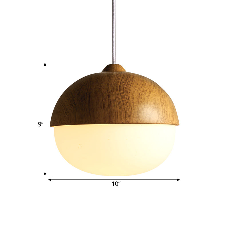 Simple Wooden Pendant Light with Ivory Glass Shade in Brown