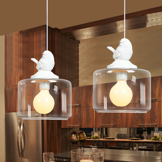 Modern Clear Glass Drum Dinette Pendant Lamp with White Bird Top - 1 Bulb Hanging Kit
