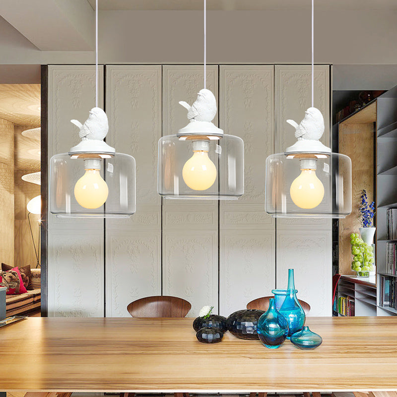 Modern Clear Glass Drum Dinette Pendant Lamp with White Bird Top - 1 Bulb Hanging Kit