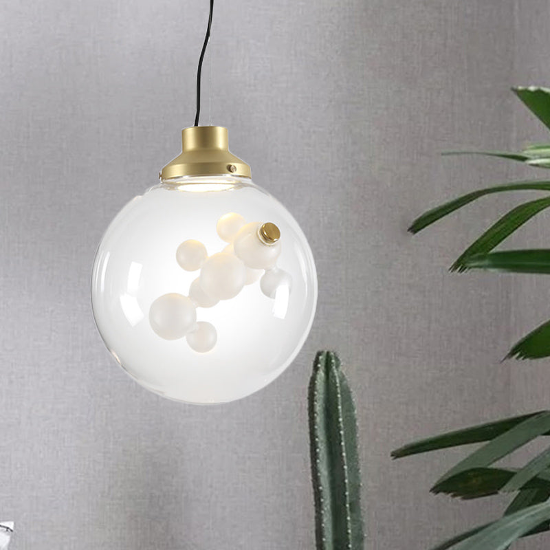 Modern Clear Glass & Gold Pendant Light With Inner Bubble Decoration - Minimalist Design / Globe